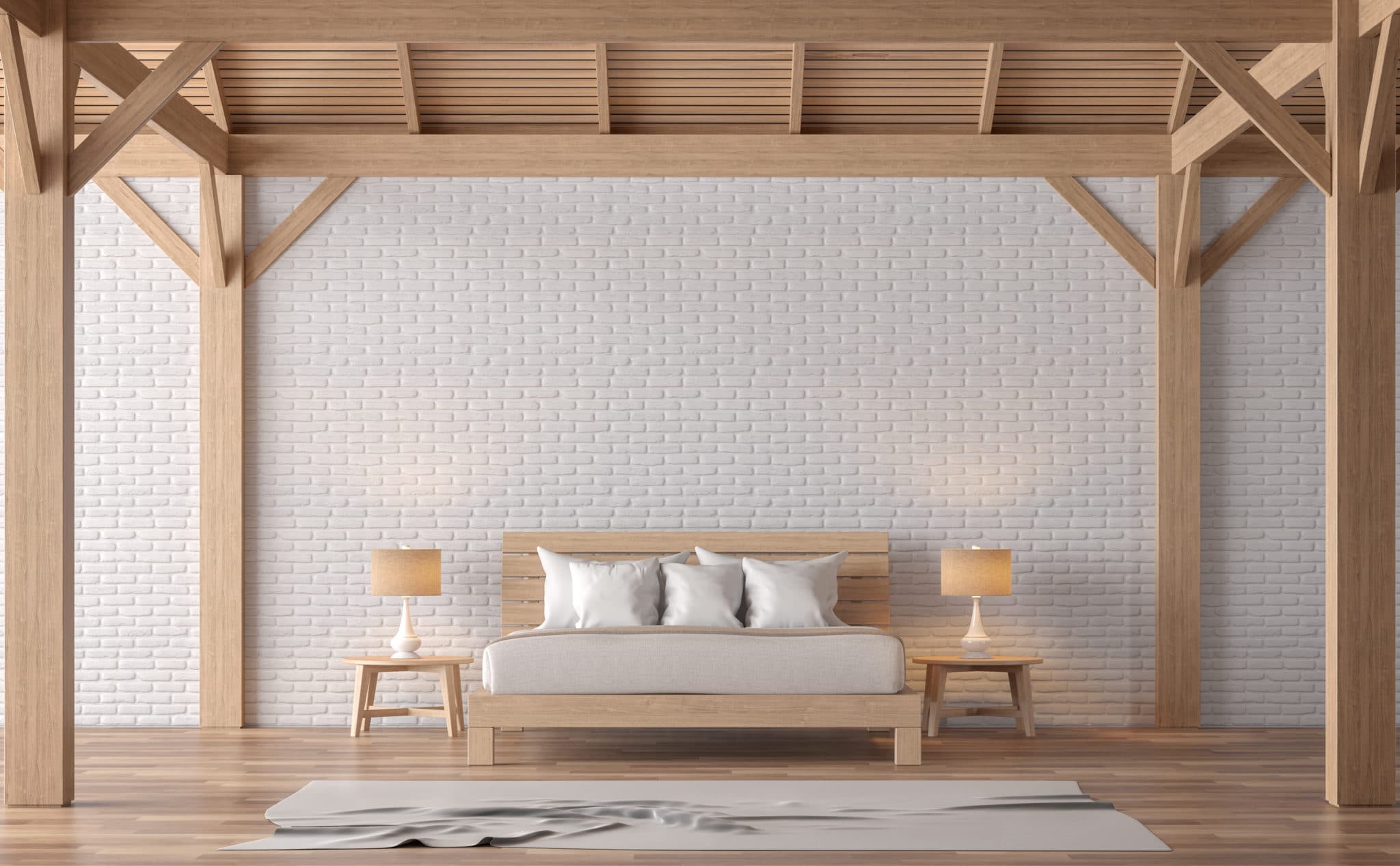 Loft style bedroom 3d rendering image.There are white brick wall,wood floor and wood structure.Furnished with wooden bed